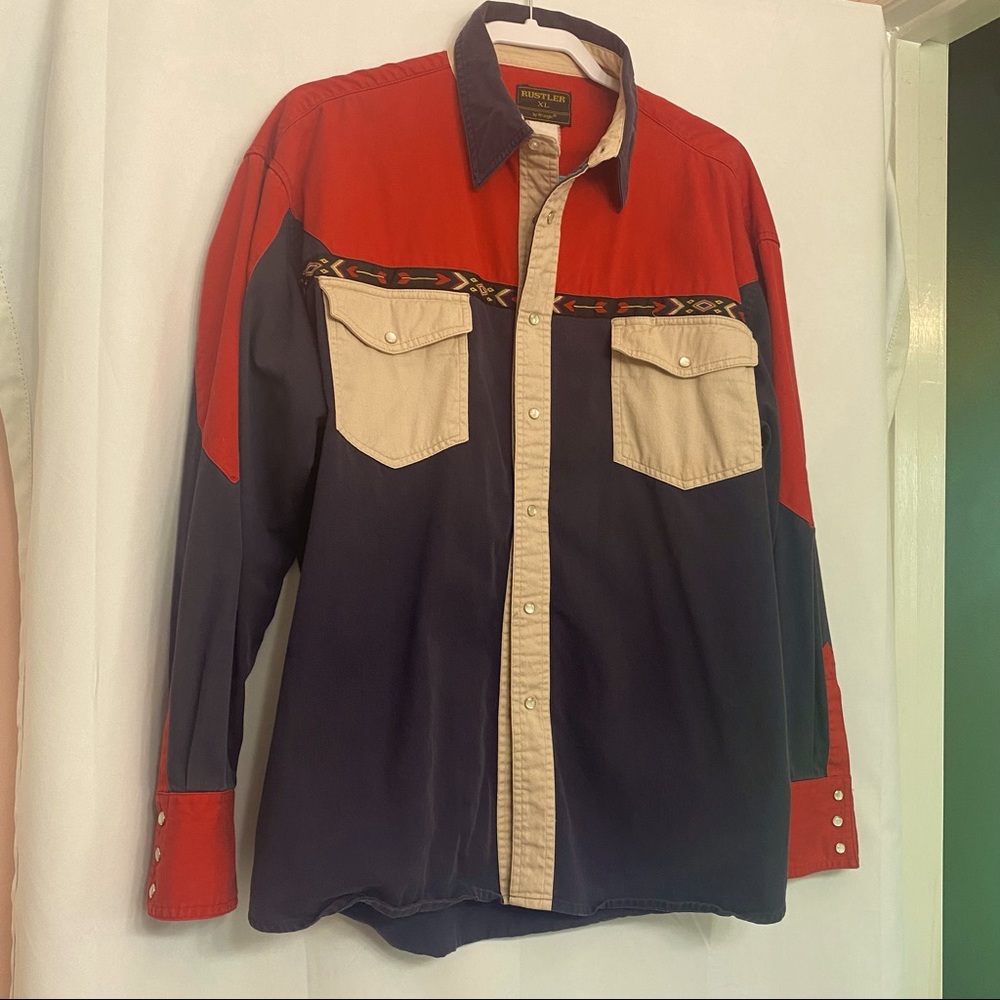 VINTAGE Wrangler - Western pearl snap button down red navy tan color block